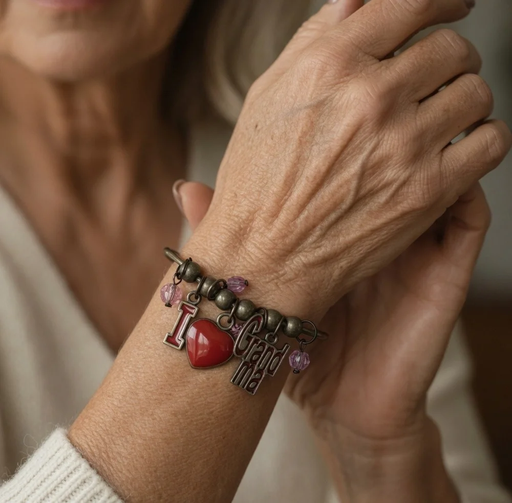 I Love Grandma Silver Tone Cuff Bangle Bracelet Red Heart Pink Beads Gift